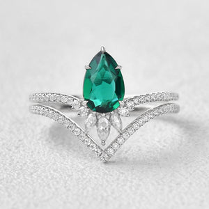 Mila 1.7CT Pear Emerald Classic Vintage Ring Set 2pcs