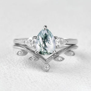 1.5ct Pear Shaped Moss Agate Three-stone Leafy Ring Set 2pcs