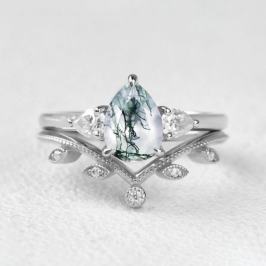 1.5ct Pear Shaped Moss Agate Three-stone Leafy Ring Set 2pcs