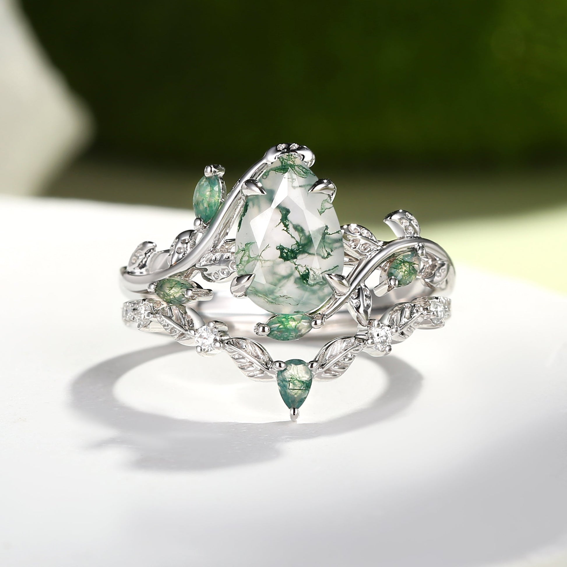 Daphne Pear Cut Moss Agate Vine Engagement Ring Set 2pcs