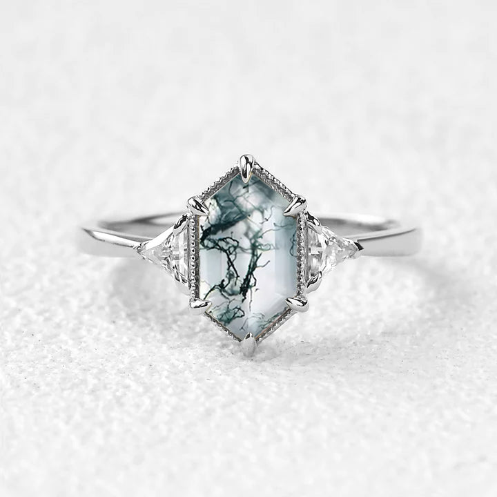 1.5ct Geometric Moss Agate Three-stone Vintage Ring