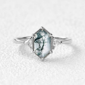 1.5ct Geometric Moss Agate Three-stone Vintage Ring