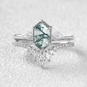 Long Hexagon Moss Agate Three Stone Engagement Ring Set 2pcs
