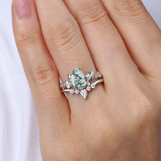 Oval Cut Leafy White Gold Moss Agate Ring Set 2pcs