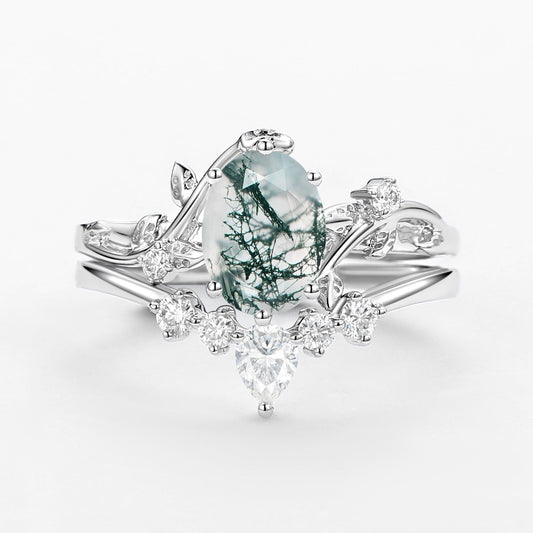 Oval Cut Leafy White Gold Moss Agate Ring Set 2pcs