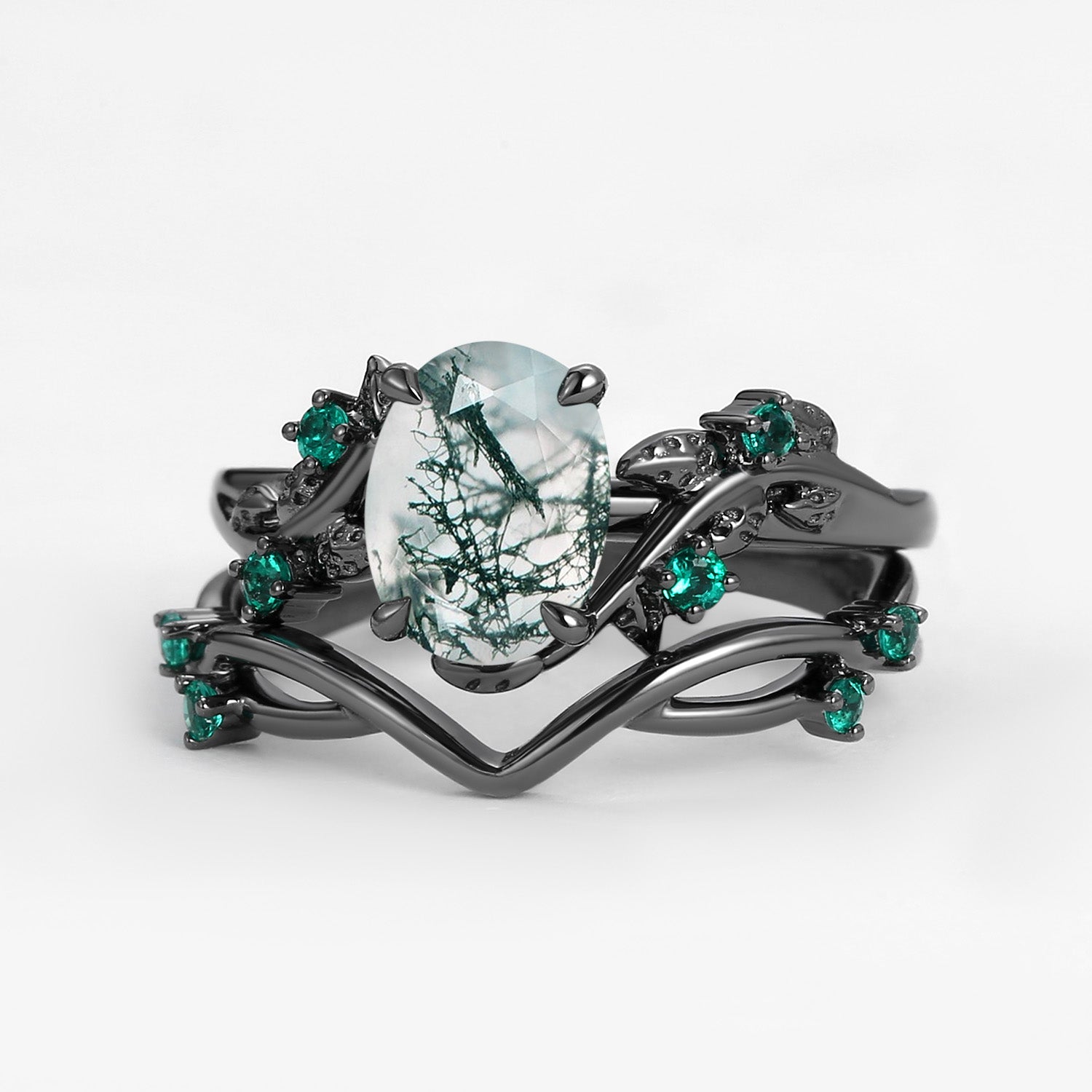 Nature Inspired - Oval Cut Moss Agate Leafy Black Gold Ring Set 2pcs - Mossy