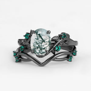 Nature Inspired - Oval Cut Moss Agate Leafy Black Gold Ring Set 2pcs - Mossy