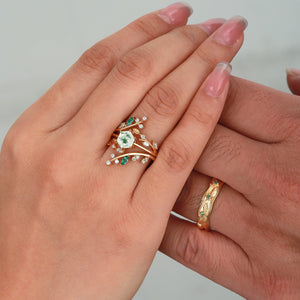 Nature Inspired - Perfect Hexagon Cut Moss Agate Cage Leafy Couple Ring Set 3pcs