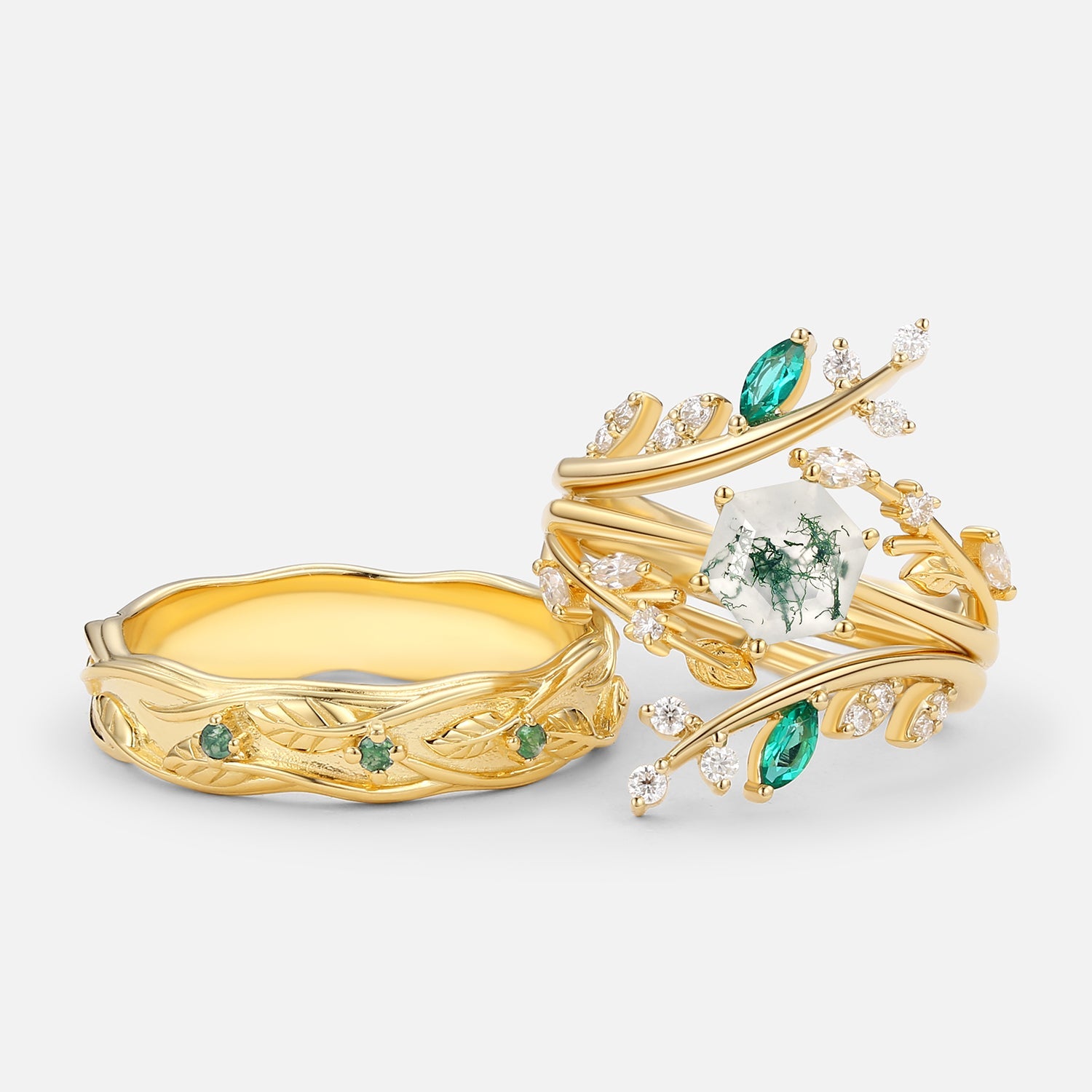 Nature Inspired - Perfect Hexagon Cut Moss Agate Cage Leafy Couple Ring Set 3pcs