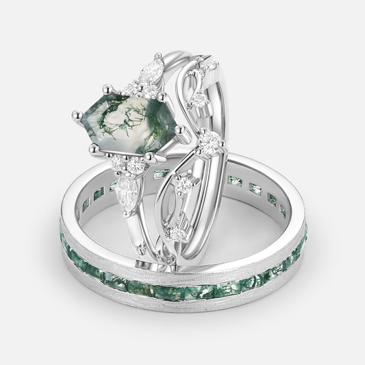 White Gold Long Hexagon Moss Agate Leafy Couple Ring Set 3pcs - Ona