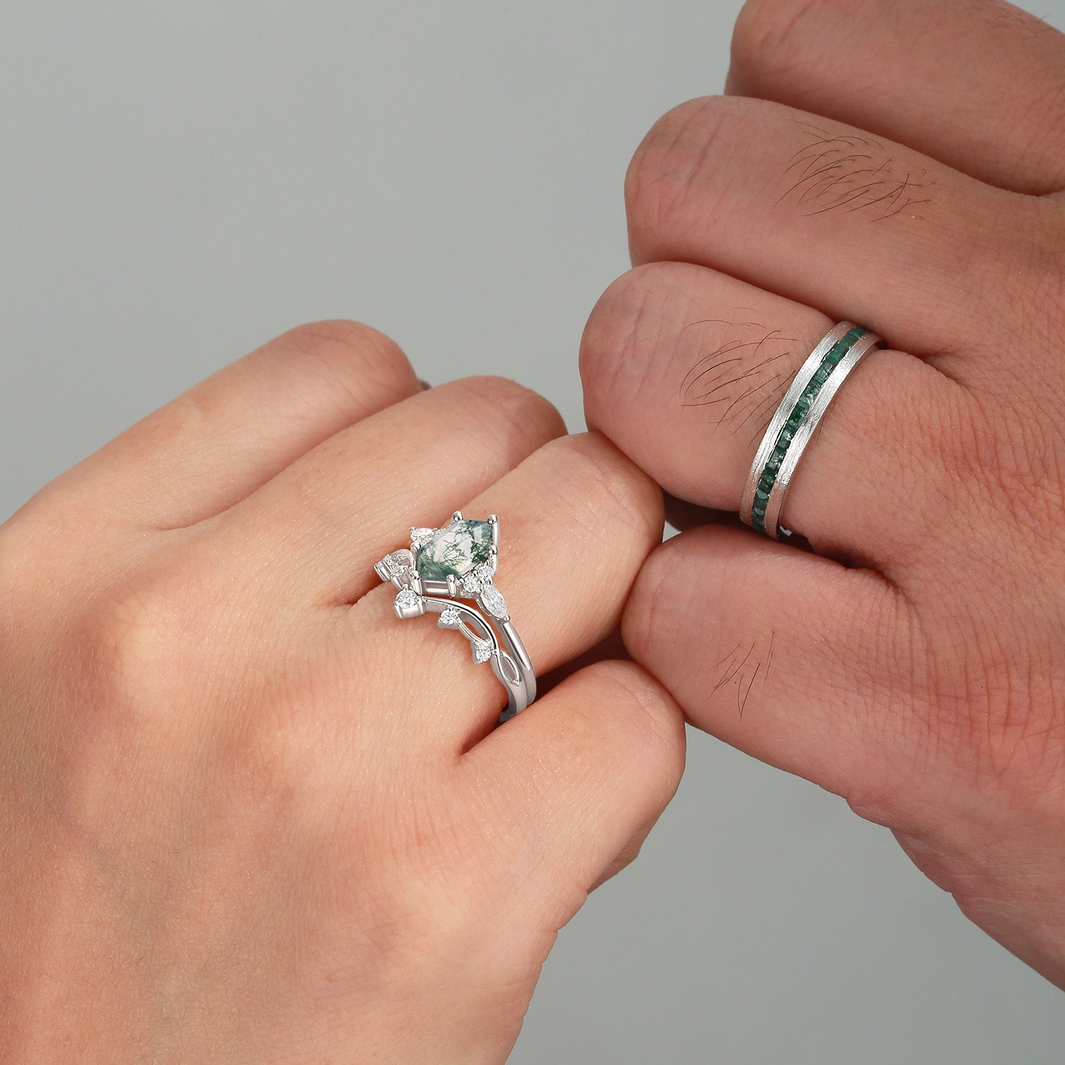 White Gold Long Hexagon Moss Agate Leafy Couple Ring Set 3pcs - Ona