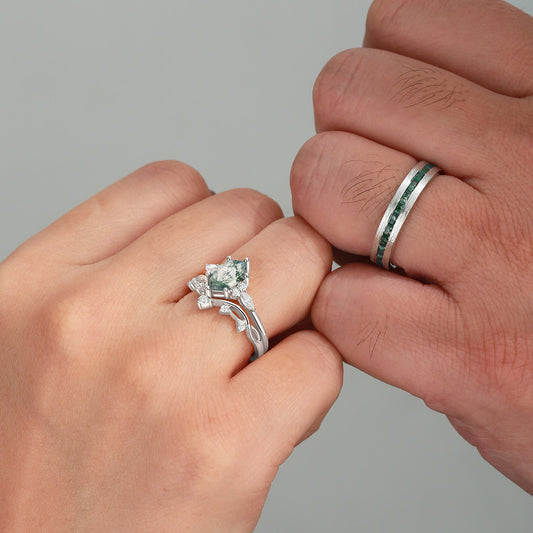White Gold Long Hexagon Moss Agate Leafy Couple Ring Set 3pcs - Ona