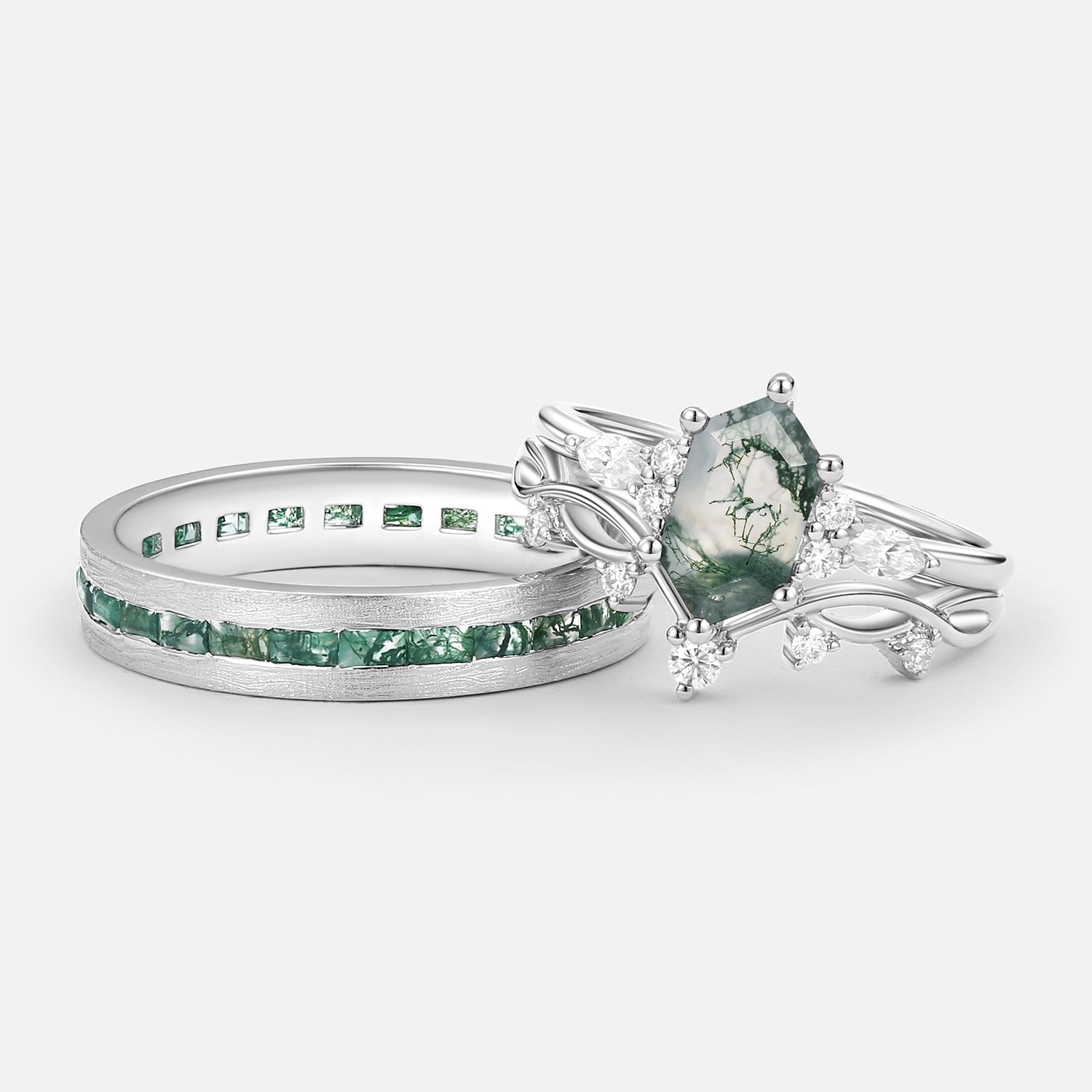 White Gold Long Hexagon Moss Agate Leafy Couple Ring Set 3pcs - Ona