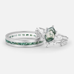 White Gold Long Hexagon Moss Agate Leafy Couple Ring Set 3pcs - Ona