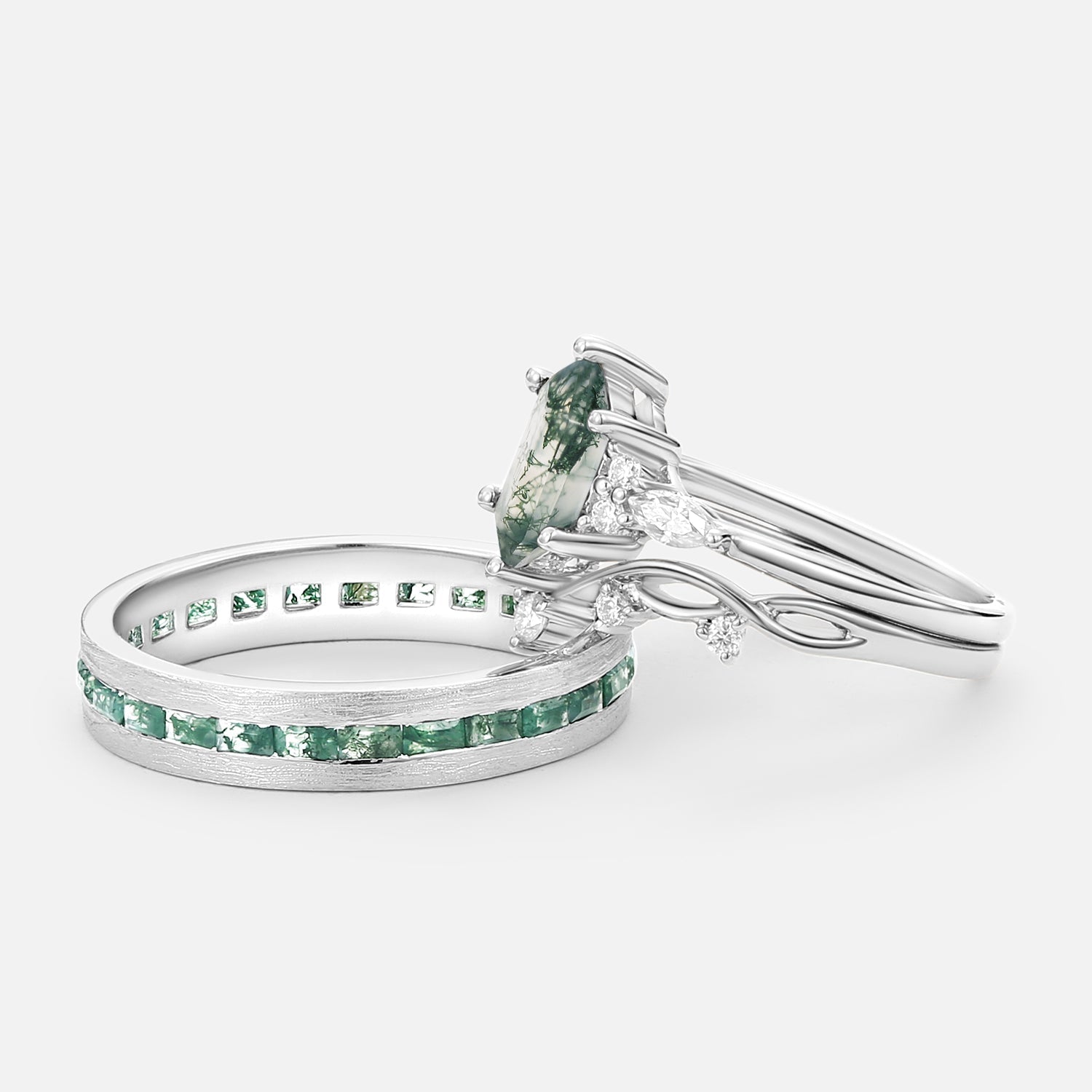 White Gold Long Hexagon Moss Agate Leafy Couple Ring Set 3pcs - Ona