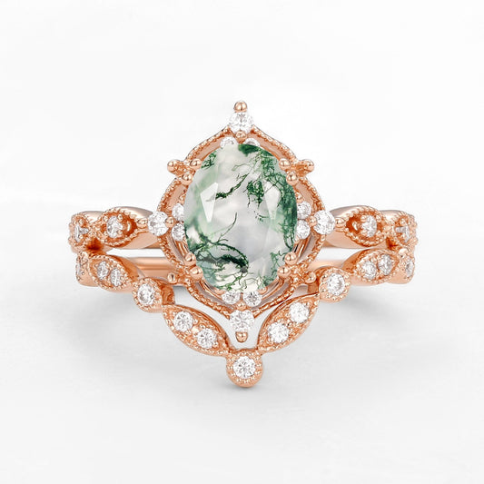 Oval Moss Agate & Moissanite Classic Ring Set 2pcs - Brynn