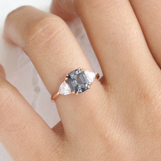 Large Grey Spinel Engagement Ring in 14k Rose Gold 3 Stone Ring, Size 6.25