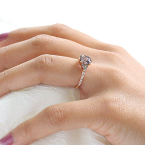 Cushion Grey Spinel Diamond Ring in 14k Rose Gold 3 Stone Pave Band, Size 6.25