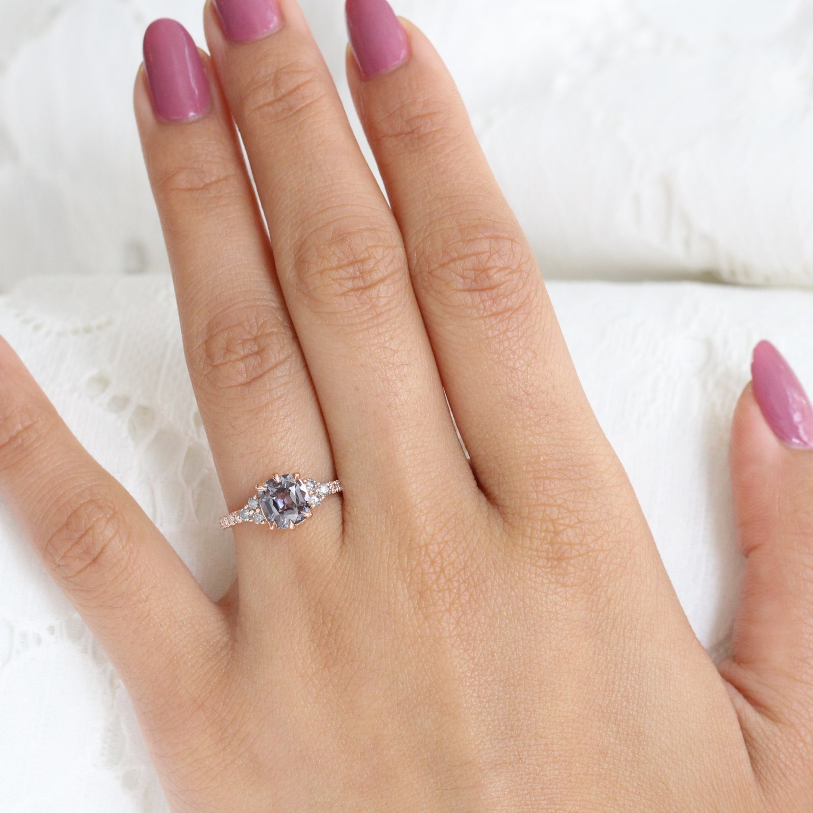 Cushion Grey Spinel Diamond Ring in 14k Rose Gold 3 Stone Pave Band, Size 6.25