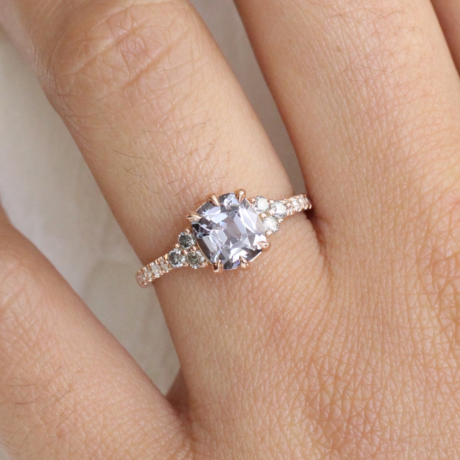 Cushion Grey Spinel Diamond Ring in 14k Rose Gold 3 Stone Pave Band, Size 6.25