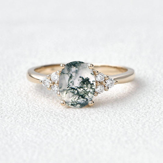 Aurora Oval Moss Agate Classic Cluster Engagement Ring