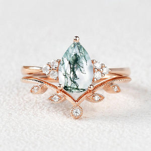 1.5ct Pear Moss Agate Leafy Ring Set 2pcs