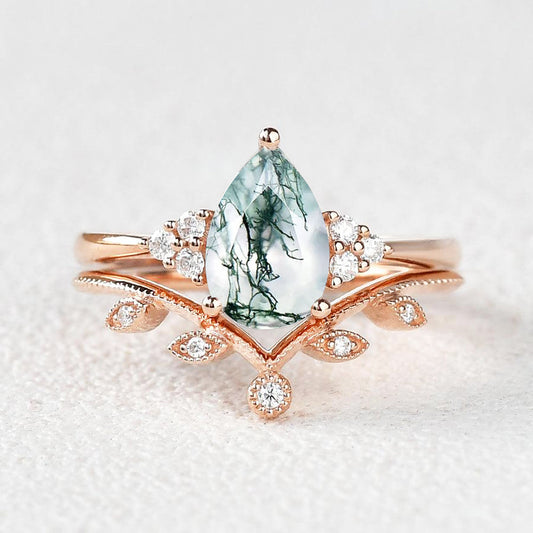 1.5ct Pear Moss Agate Leafy Ring Set 2pcs