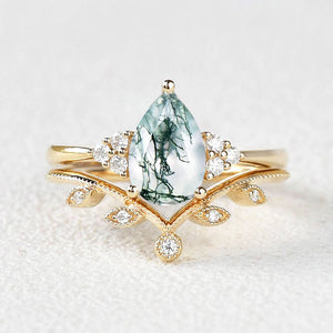 1.5ct Pear Moss Agate Leafy Ring Set 2pcs