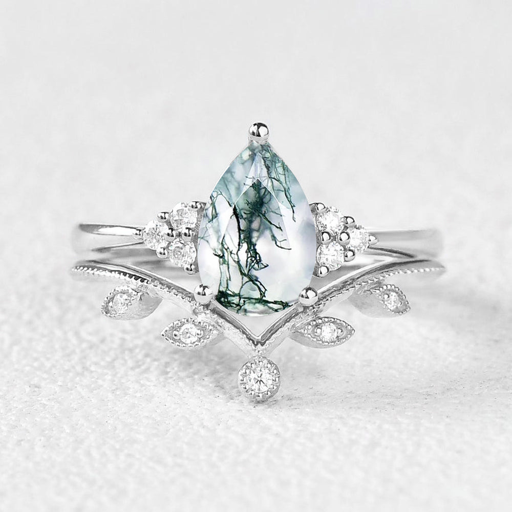 1.5ct Pear Moss Agate Leafy Ring Set 2pcs