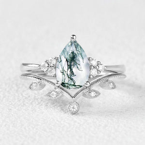 1.5ct Pear Moss Agate Leafy Ring Set 2pcs