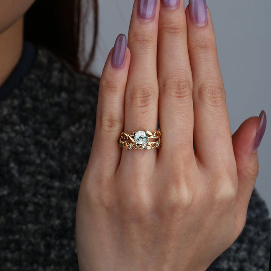 Moss Agate Round Shaped Leafy Marquise Engagement Ring Sets