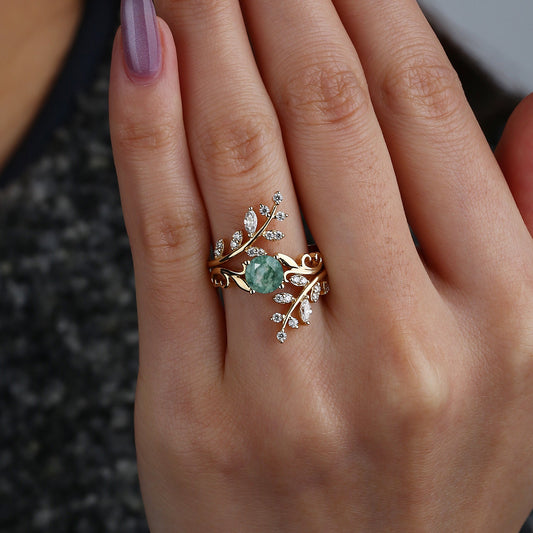 Round Shaped Vine Moss Agate Engagement Ring Sets 2PCS