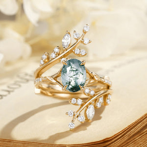 Daphne Oval Cut Moss Agate Cluster Enhancer Ring Set 2pcs