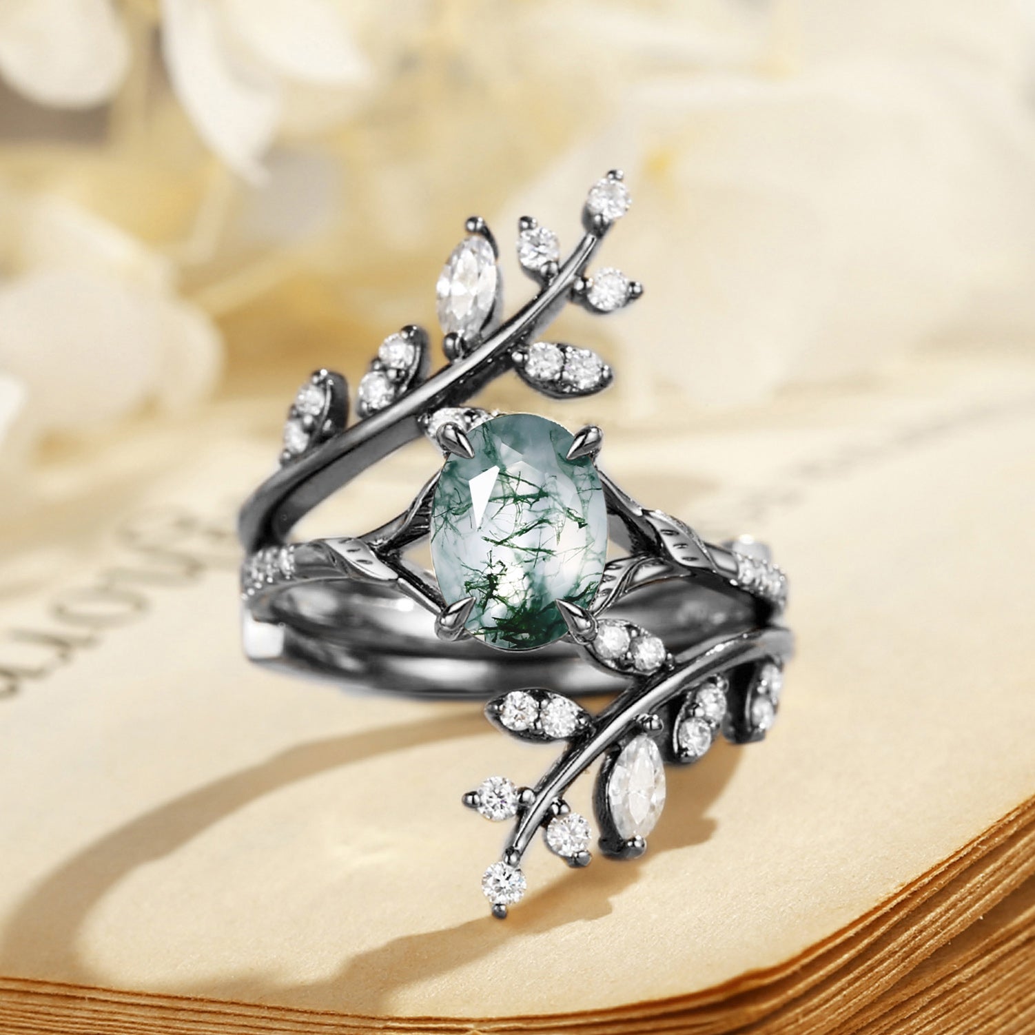 Daphne Oval Cut Moss Agate Cluster Enhancer Ring Set 2pcs