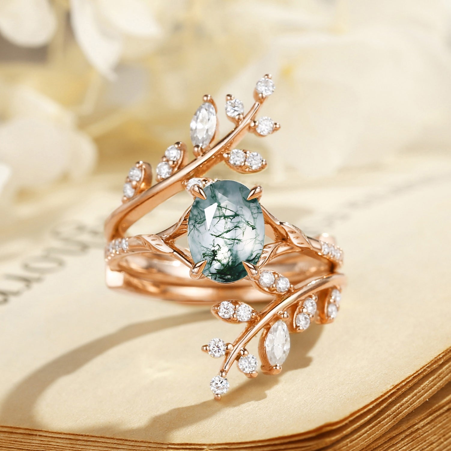 Daphne Oval Cut Moss Agate Cluster Enhancer Ring Set 2pcs