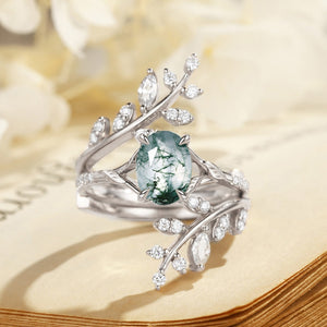 Daphne Oval Cut Moss Agate Cluster Enhancer Ring Set 2pcs