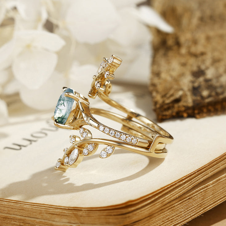 Daphne Oval Cut Moss Agate Cluster Enhancer Ring Set 2pcs