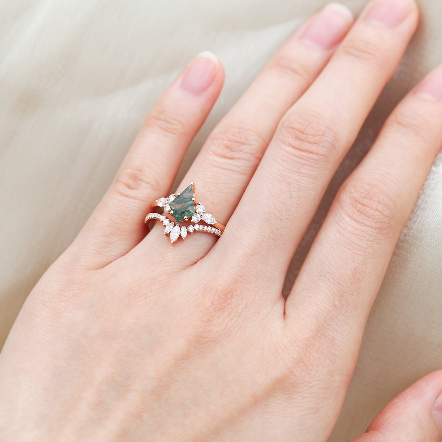 Kite Cut Moss Agate Three Stone Engagement Ring Set 2pcs - Rebecca