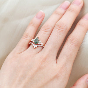 Kite Cut Moss Agate Three Stone Engagement Ring Set 2pcs - Rebecca