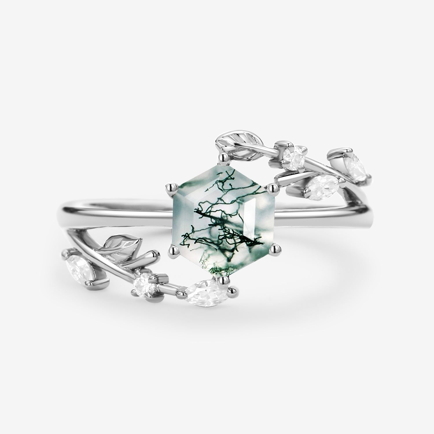 Perfect Hexagon Cut Moss Agate Leafy Engagement Ring