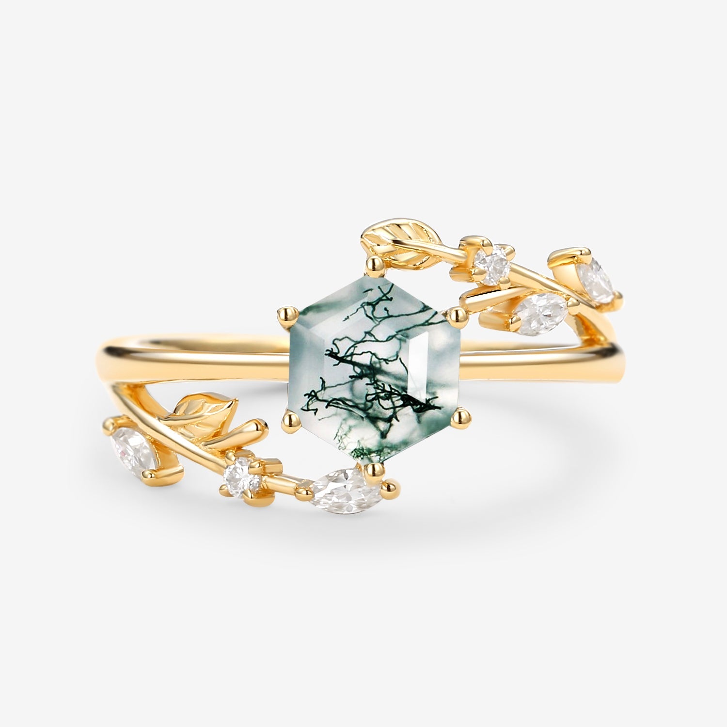 Perfect Hexagon Cut Moss Agate Leafy Engagement Ring