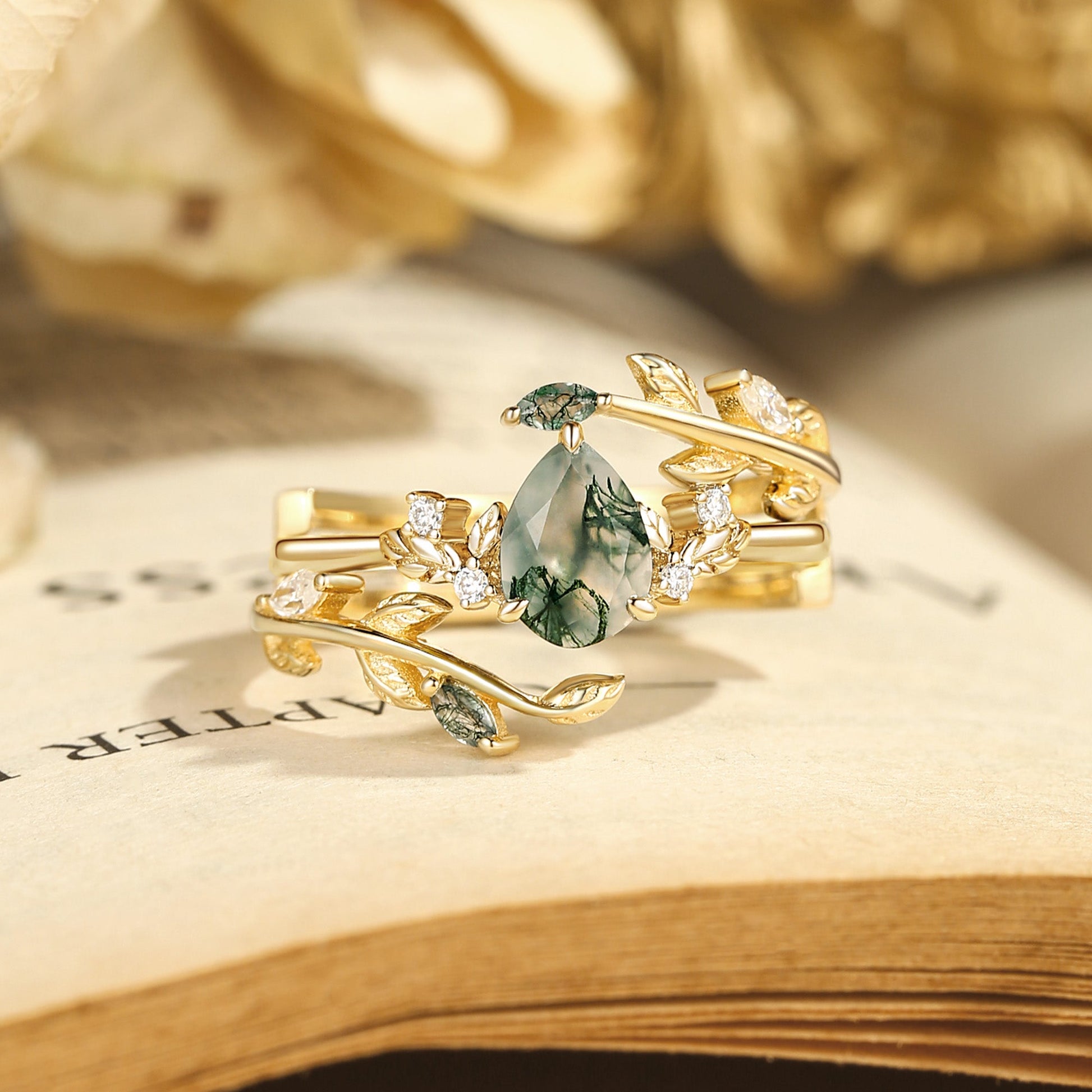 Dawn Pear Cut Moss Agate Leafy Engagement Ring Set 2pcs