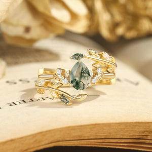 Dawn Pear Cut Moss Agate Leafy Engagement Ring Set 2pcs
