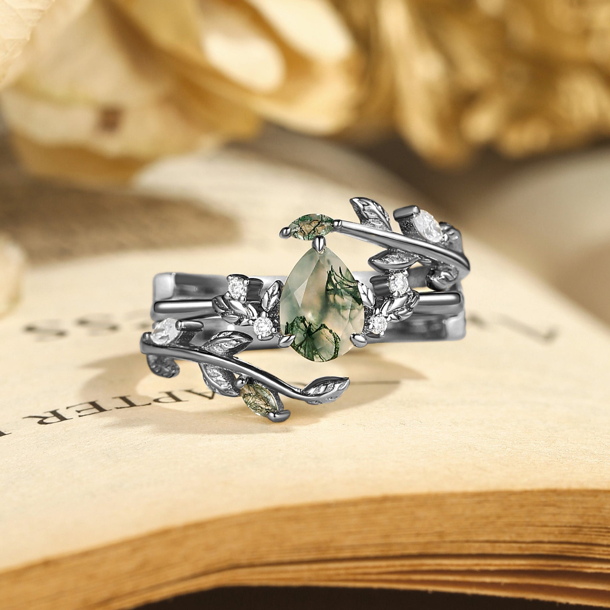 Dawn Pear Cut Moss Agate Leafy Engagement Ring Set 2pcs