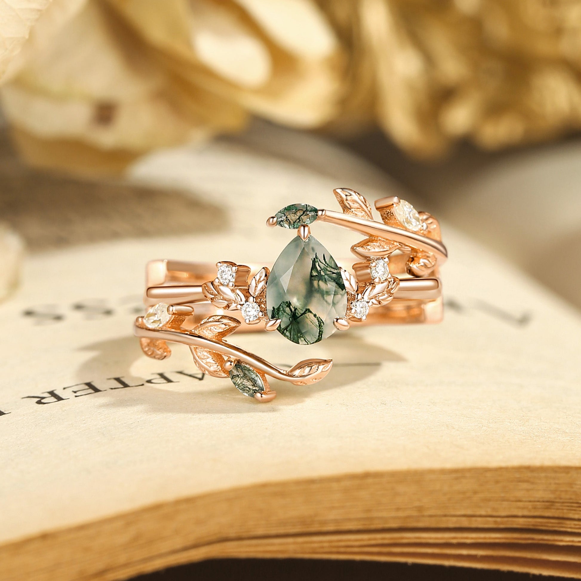 Dawn Pear Cut Moss Agate Leafy Engagement Ring Set 2pcs