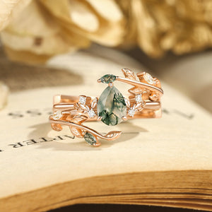 Dawn Pear Cut Moss Agate Leafy Engagement Ring Set 2pcs