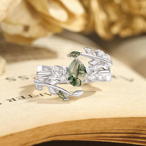 Dawn Pear Cut Moss Agate Leafy Engagement Ring Set 2pcs