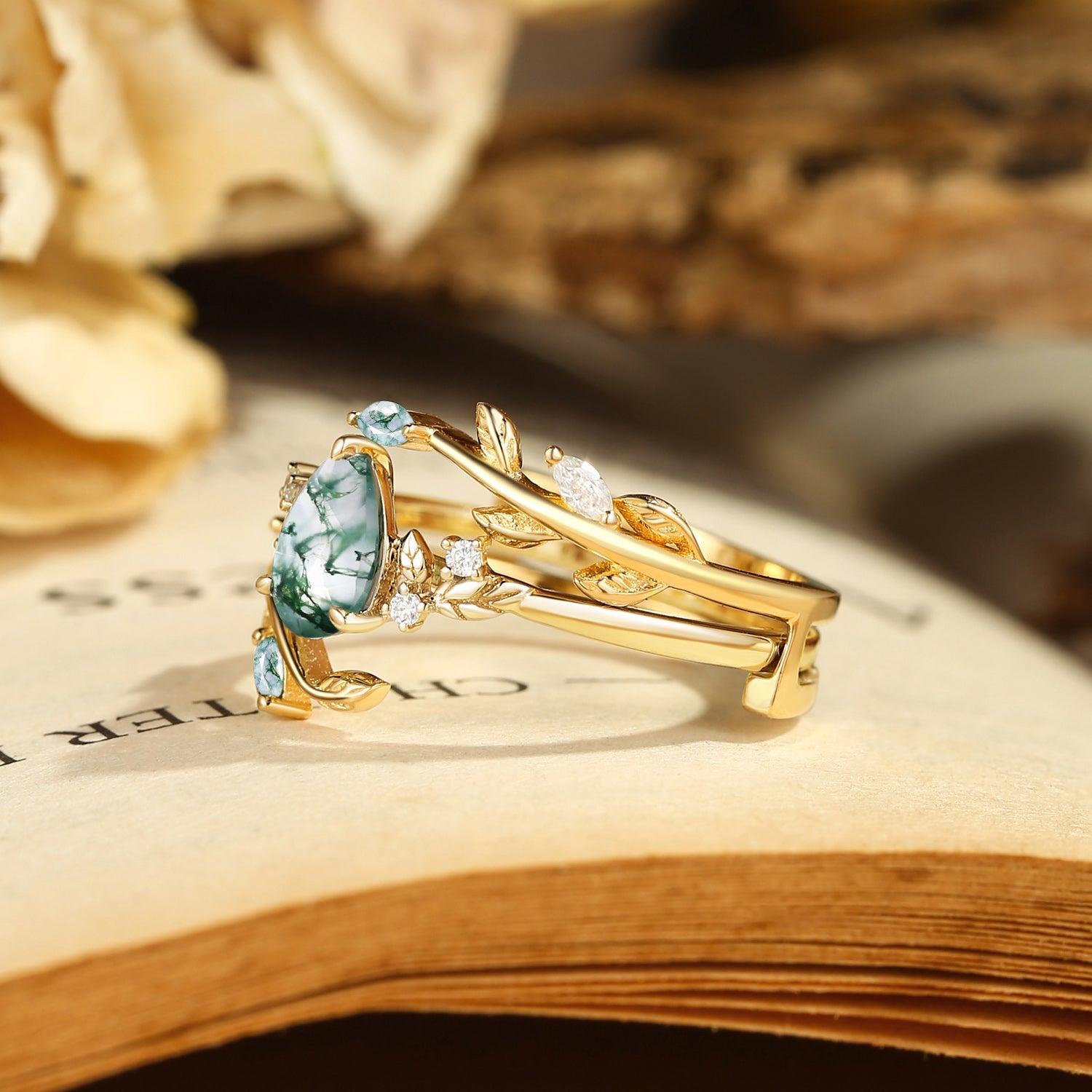 Dawn Pear Cut Moss Agate Leafy Engagement Ring Set 2pcs