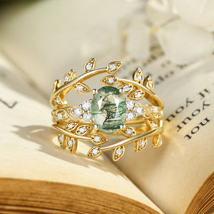 Honorée Moss Agate Leafy Branch Enhancer Ring Set 2pcs