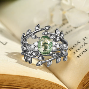 Honorée Moss Agate Leafy Branch Enhancer Ring Set 2pcs